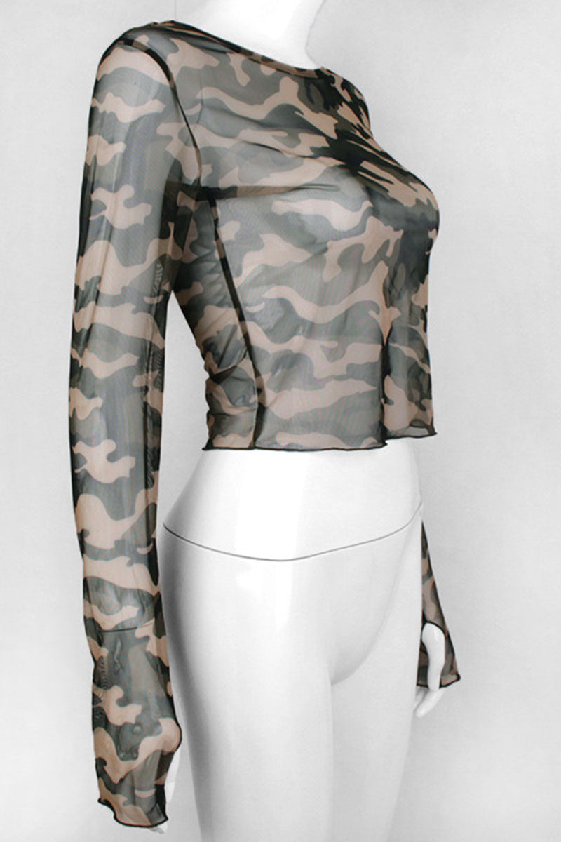 Camouflage Mesh Long Sleeve Top