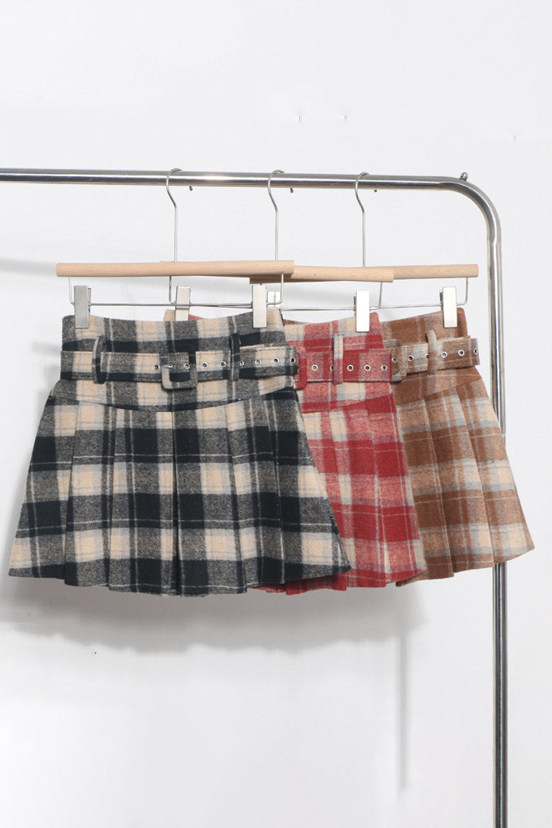 Belted Plaid Pleated Mini Skirt