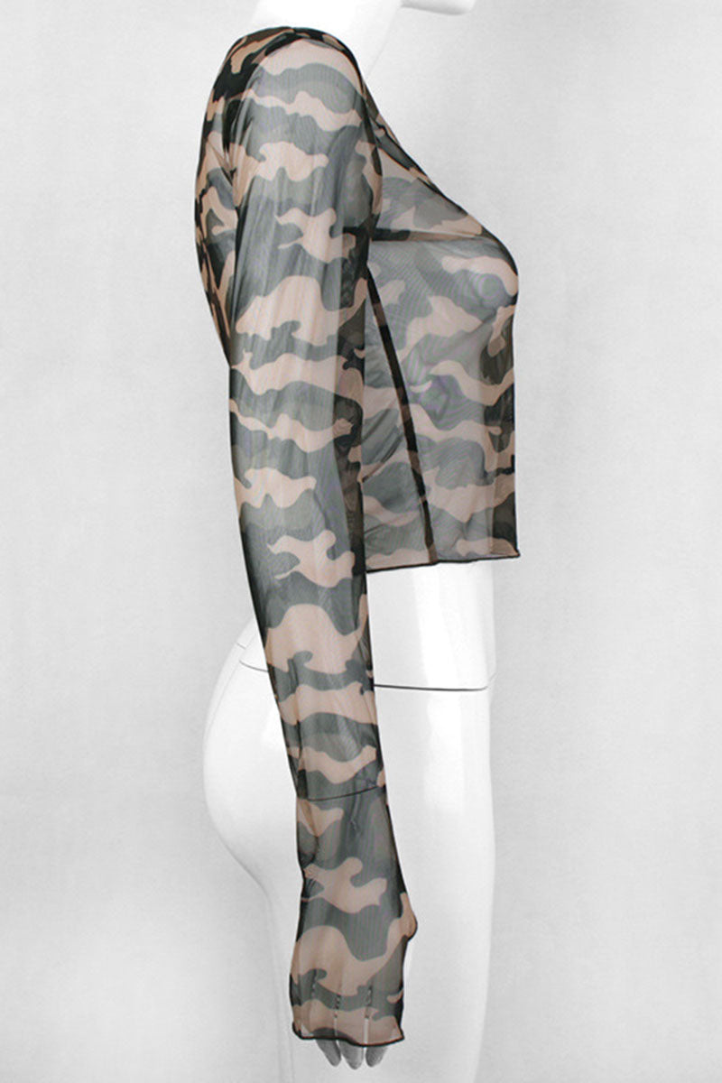 Camouflage Mesh Long Sleeve Top