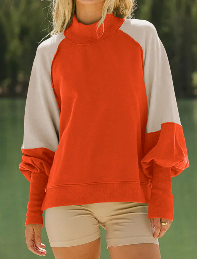 Colorblock Lantern Sleeve Mock Neck Top