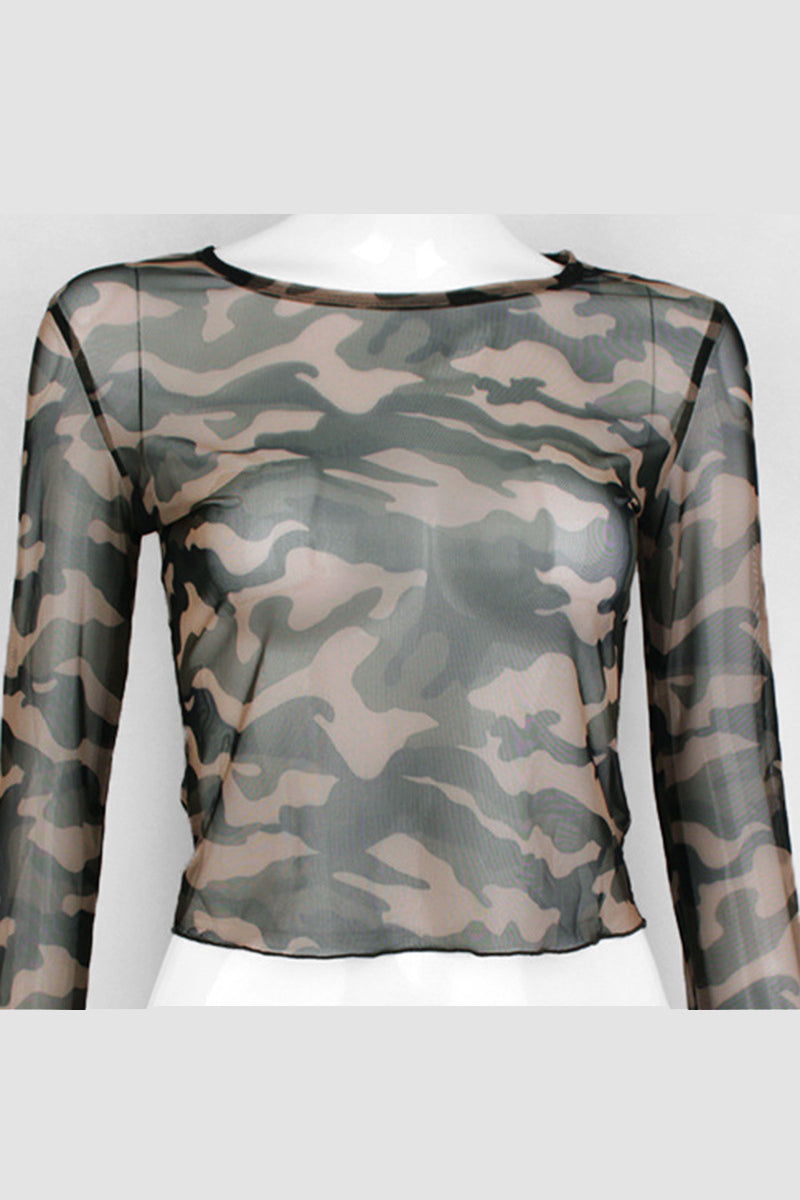 Camouflage Mesh Long Sleeve Top