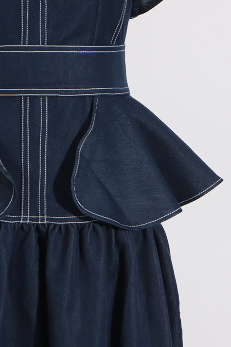 Ruffled Peplum Sleeveless Denim Dress