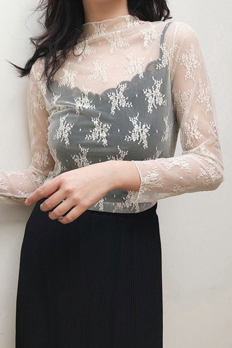 Round Neck Sheer Lace Mesh Top