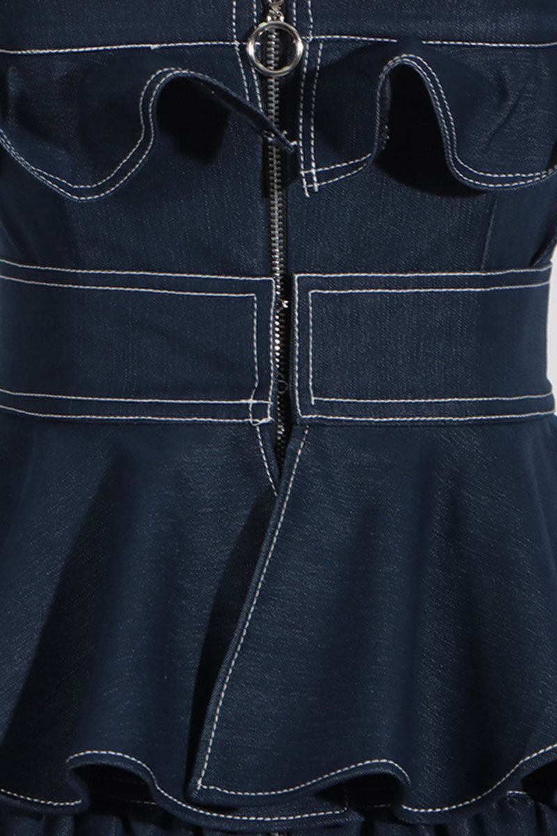 Ruffled Peplum Sleeveless Denim Dress