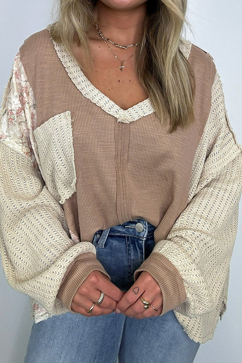 Patchwork Knit V-Neck Sweater