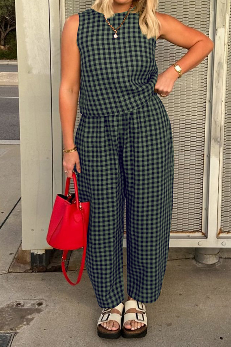 Plaid Sleeveless Vest and Pants Set