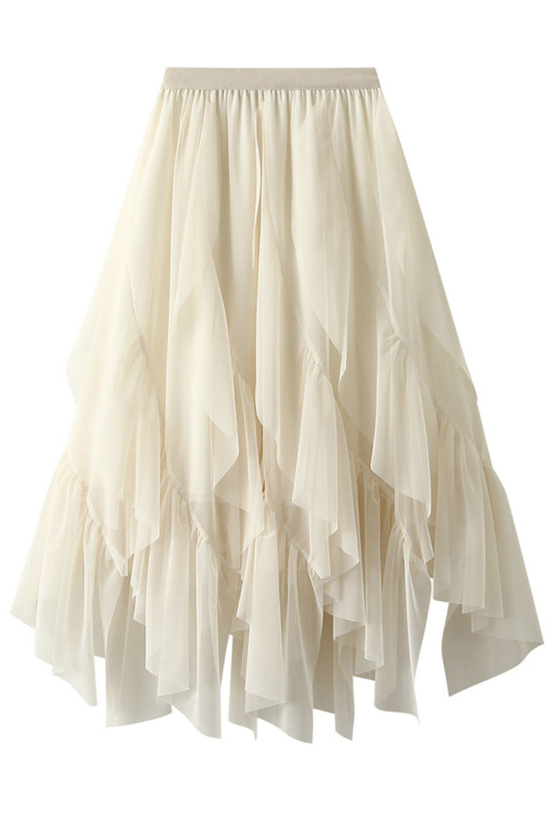 Layered Ruffle Midi Skirt with High-Low Hem