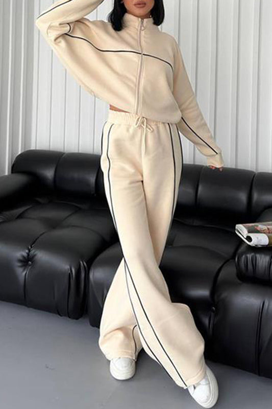 Contrast Piped Zip-Up Top and Wide-Leg Pants Set