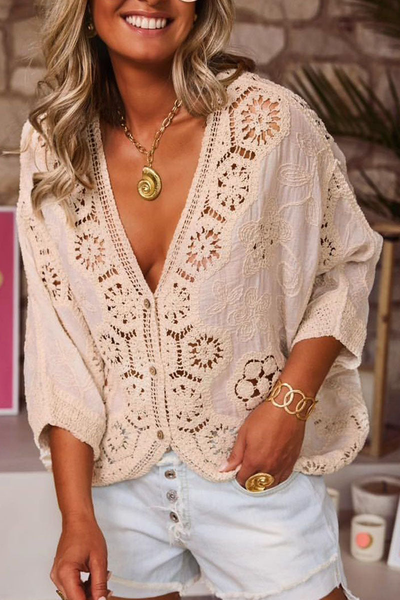 Crochet Print Cutout V-Neck Knit Top