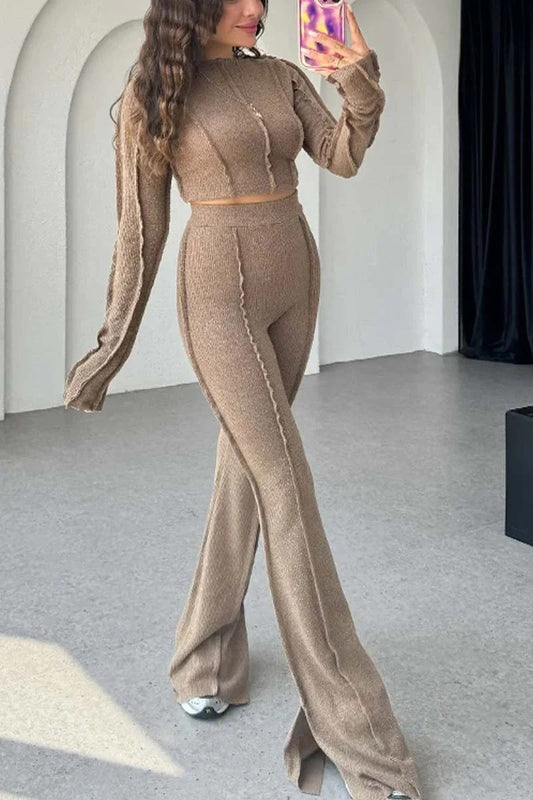 Ribbed Long Sleeve Top and High-Waist Pants Set