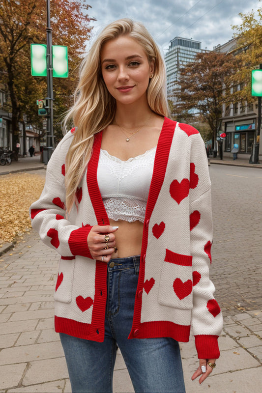 Button-Up Heart Patterned Cardigan