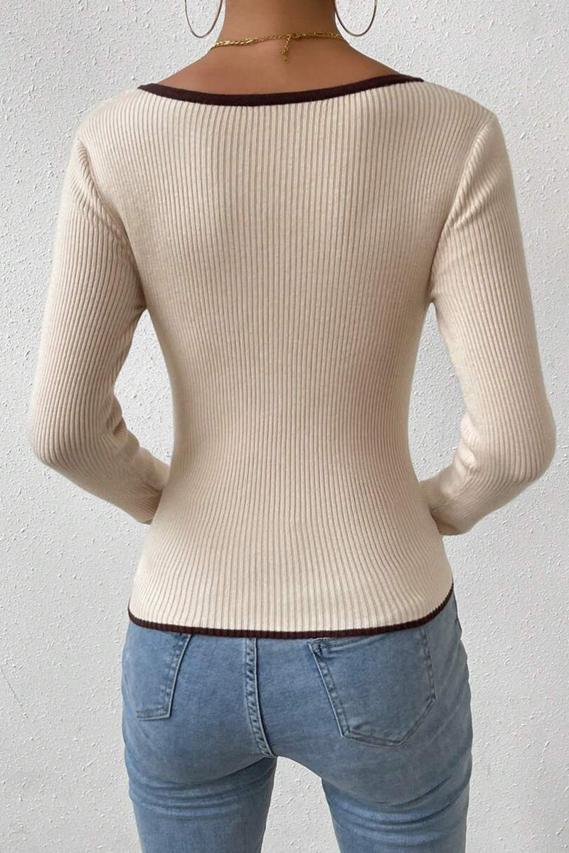 Ribbed V-Neck Long-Sleeve Top