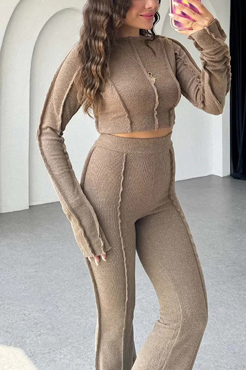 Ribbed Long Sleeve Top and High-Waist Pants Set