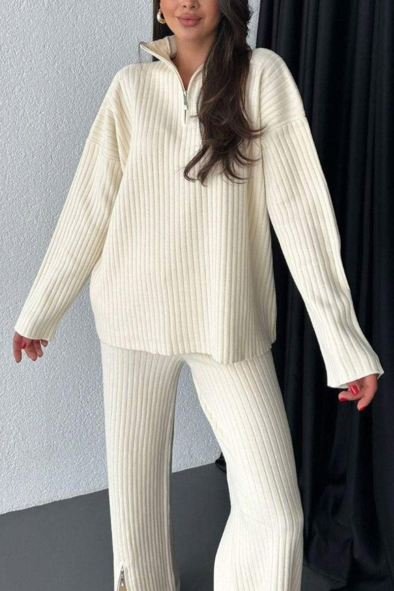 Ribbed Zip-Up Top and Pants Set