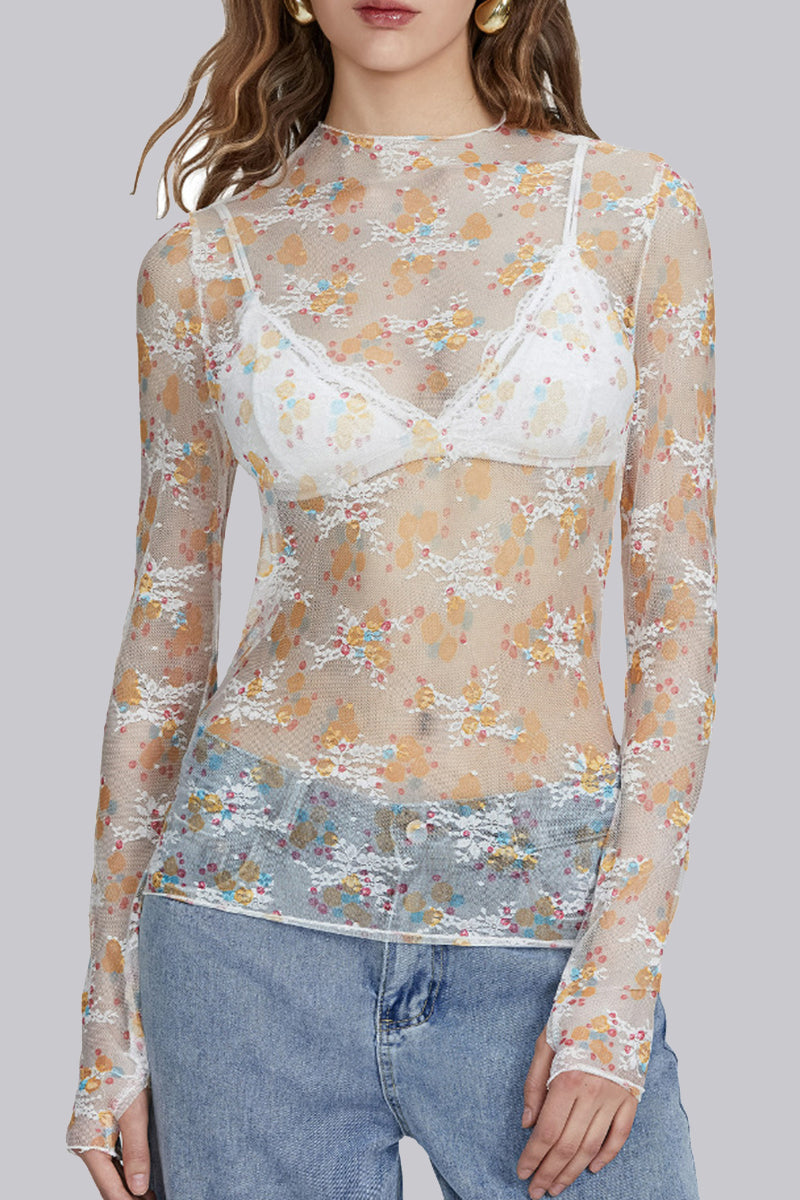 Sheer Floral Long-Sleeve Mesh Top