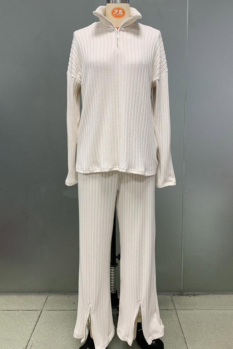 Ribbed Zip-Up Top and Pants Set