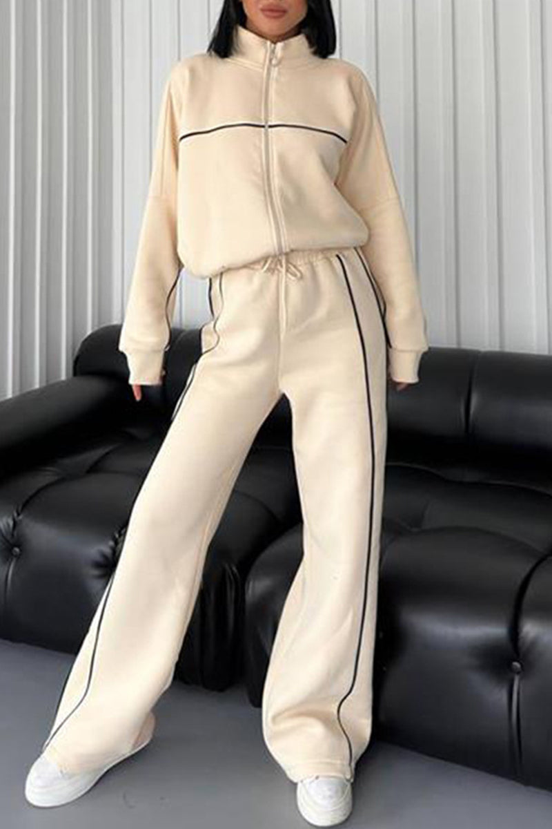 Contrast Piped Zip-Up Top and Wide-Leg Pants Set