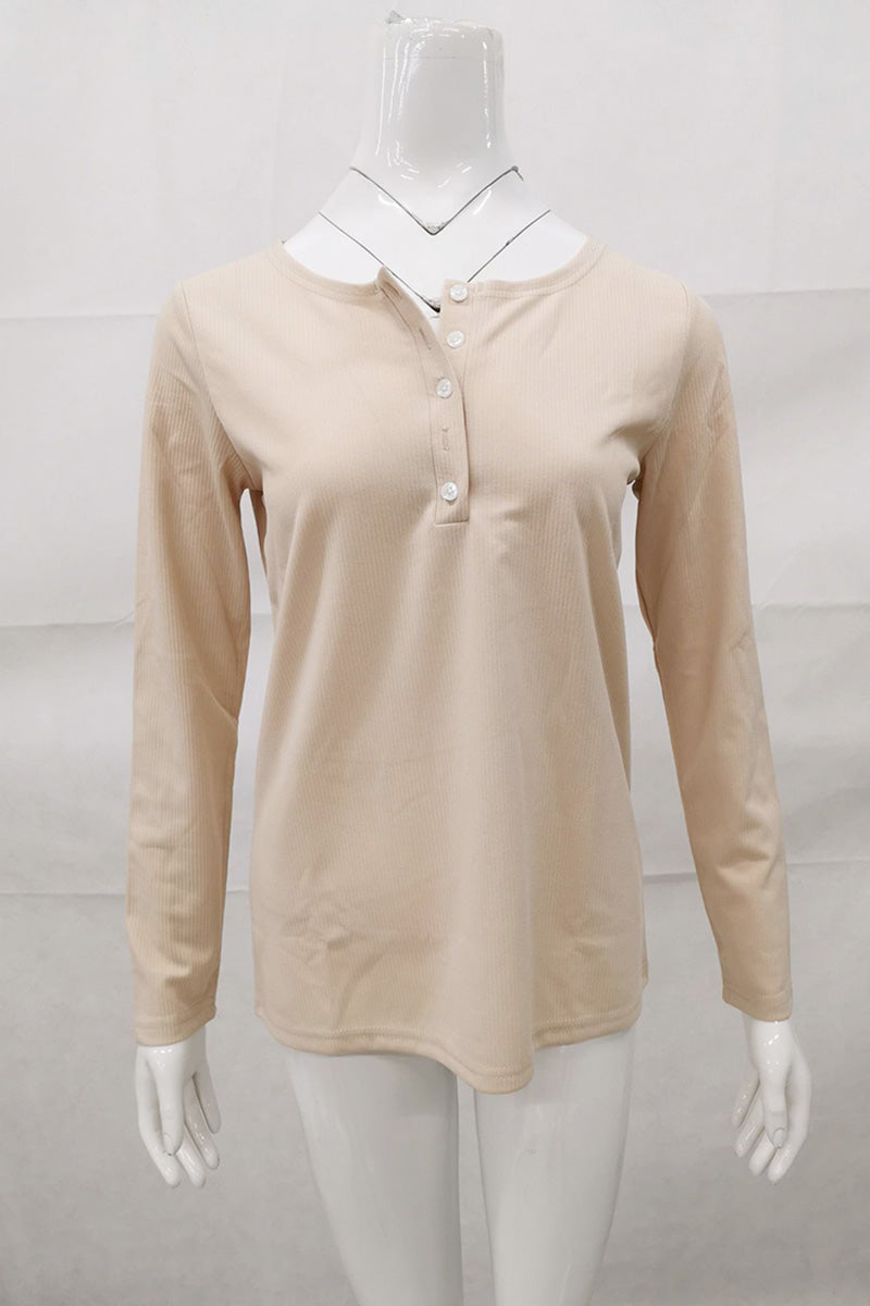 Long Sleeve Ribbed Top with Buttoned Neckline