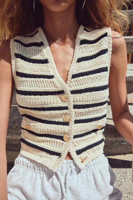 Buttoned Striped Sleeveless Vest