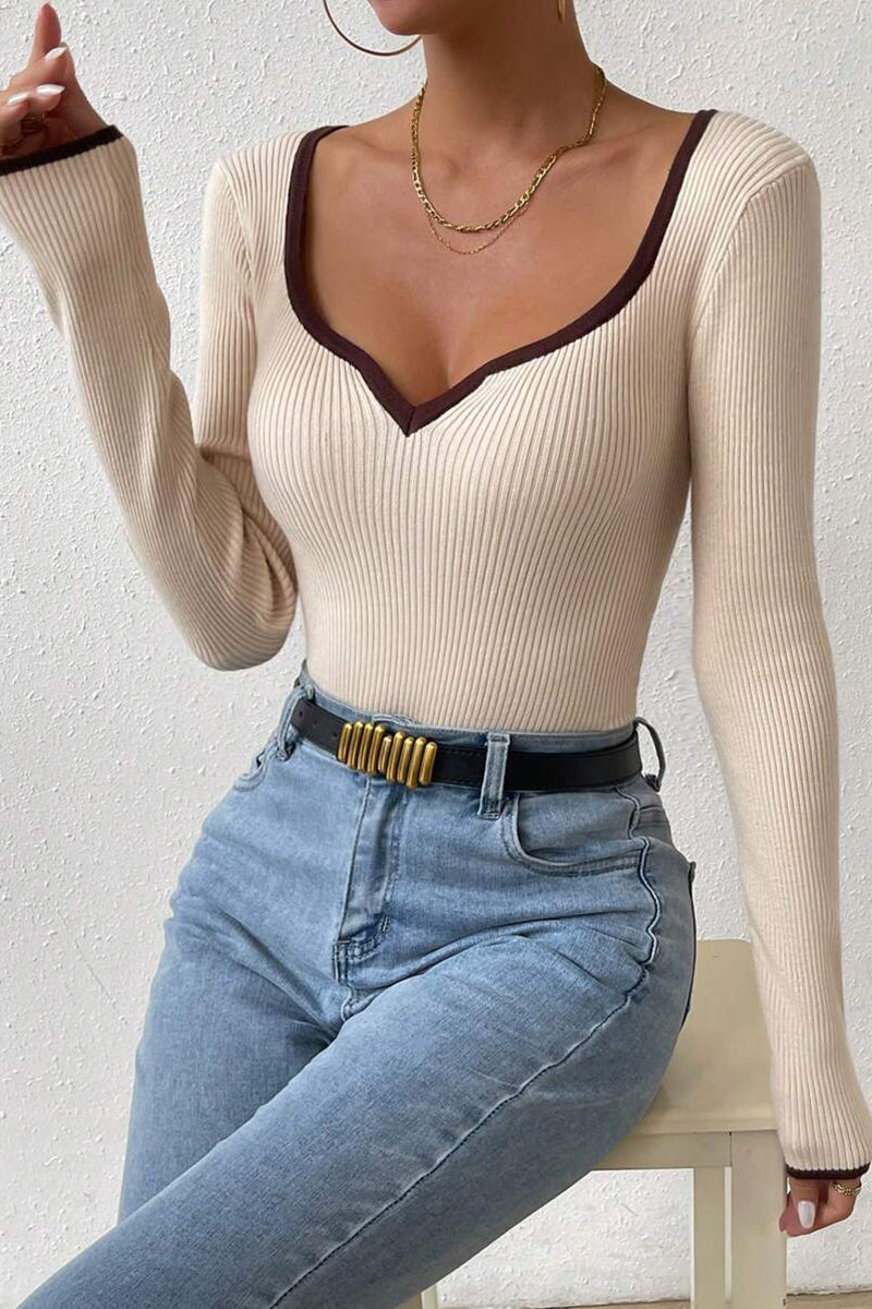 Ribbed V-Neck Long-Sleeve Top