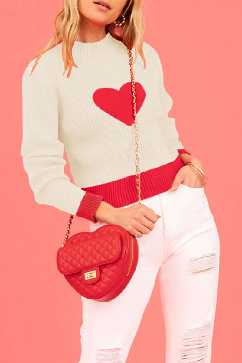 Heart Accent Ribbed Crewneck Sweater