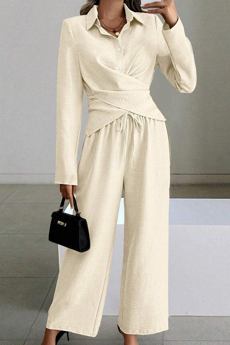 Collared Wrap-Effect Blouse and Pants Set