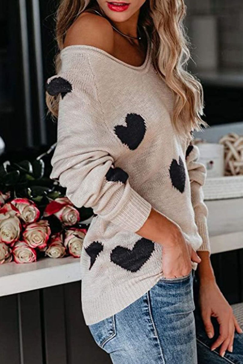 Off-Shoulder Heart Knit Sweater