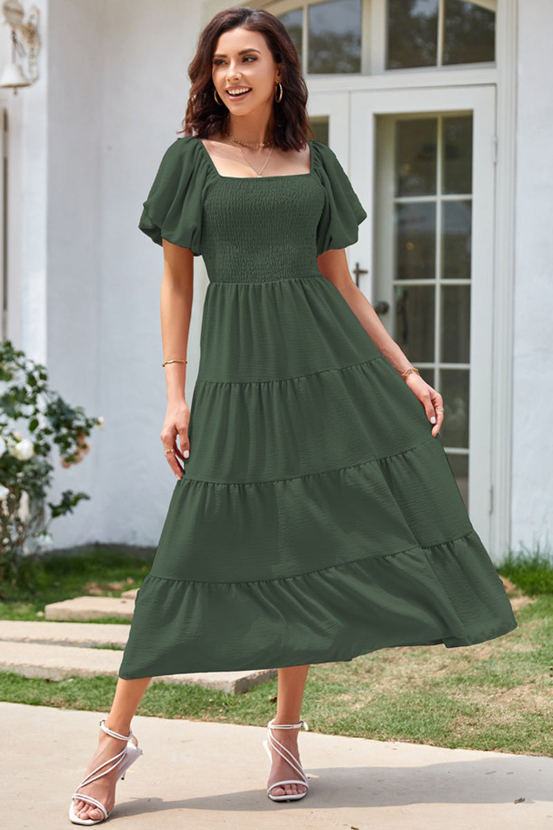 Puff Sleeve Open-Back Midi Dress