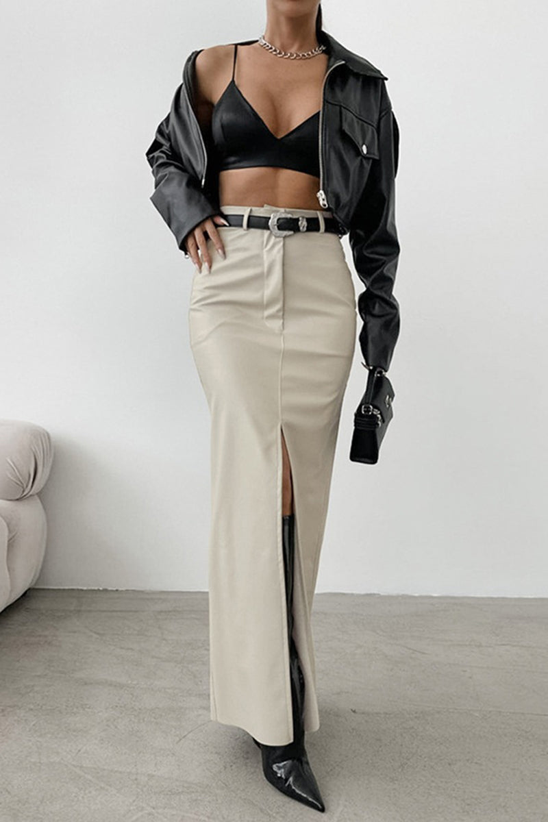 High-Slit Faux Leather Pencil Skirt