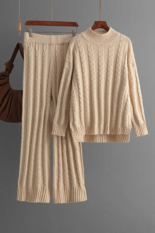 Cable Knit Mock Neck Sweater and Pants Set