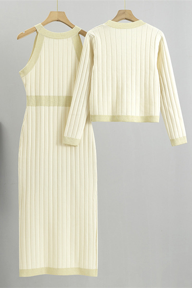 Button-Detail Ribbed Midi Dress and Cardigan Set