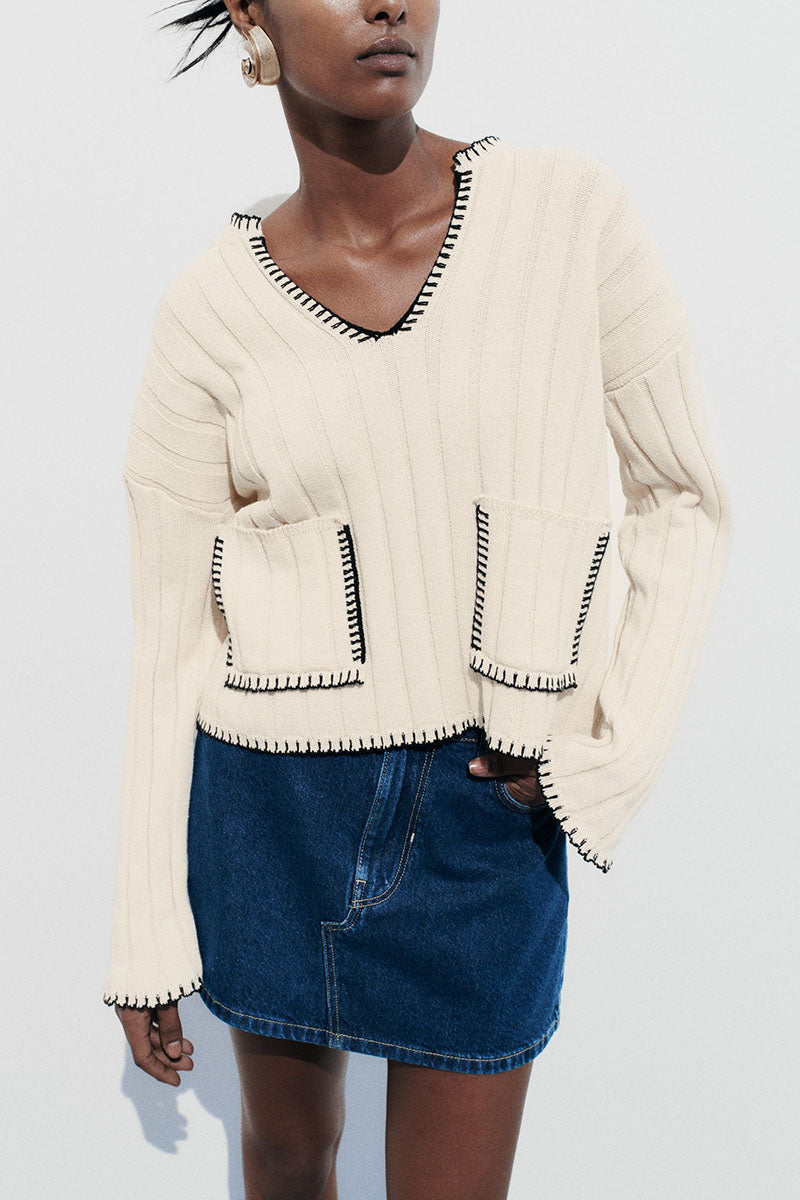 V-Neck Ribbed Knit Sweater