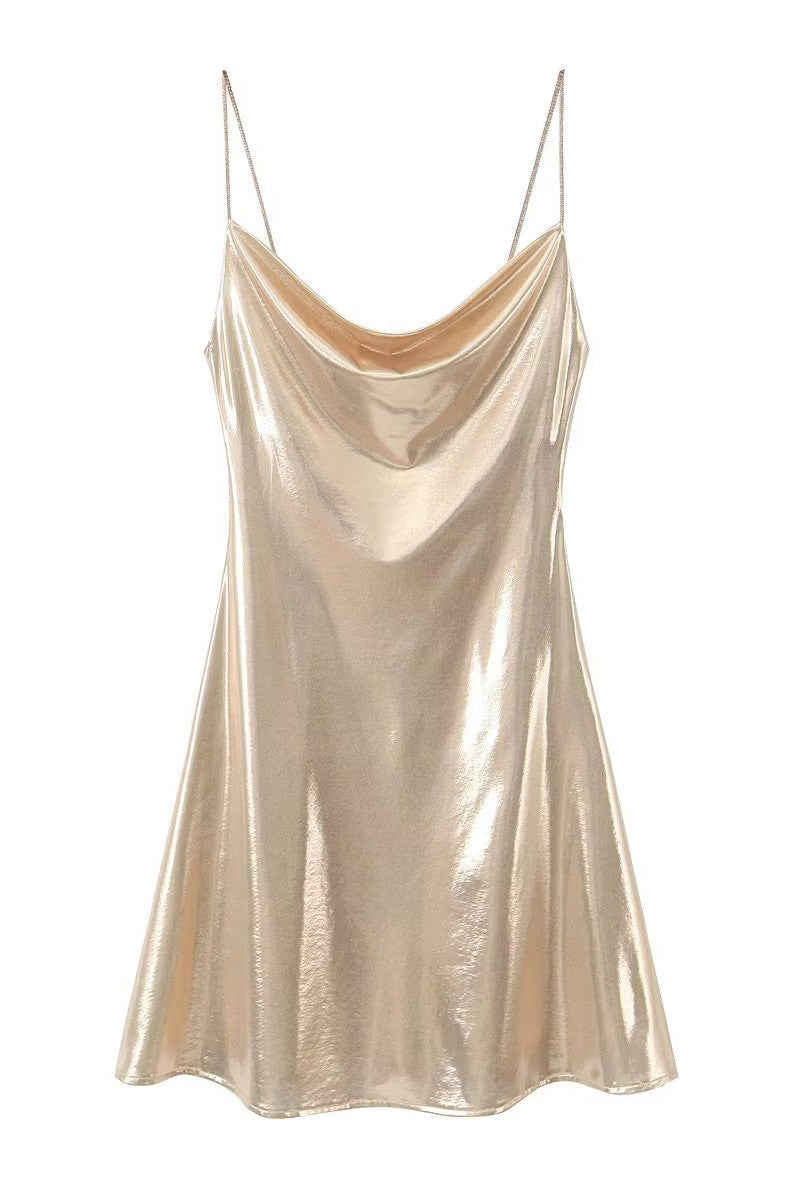 Draped Metallic Cowl Neck Mini Dress