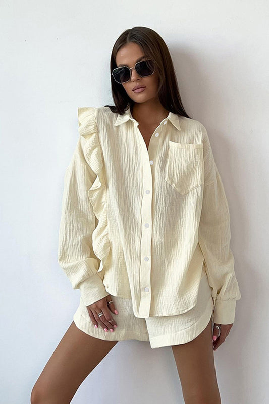 Ruffle-Detail Button-Up Top with Shorts Lounge Set