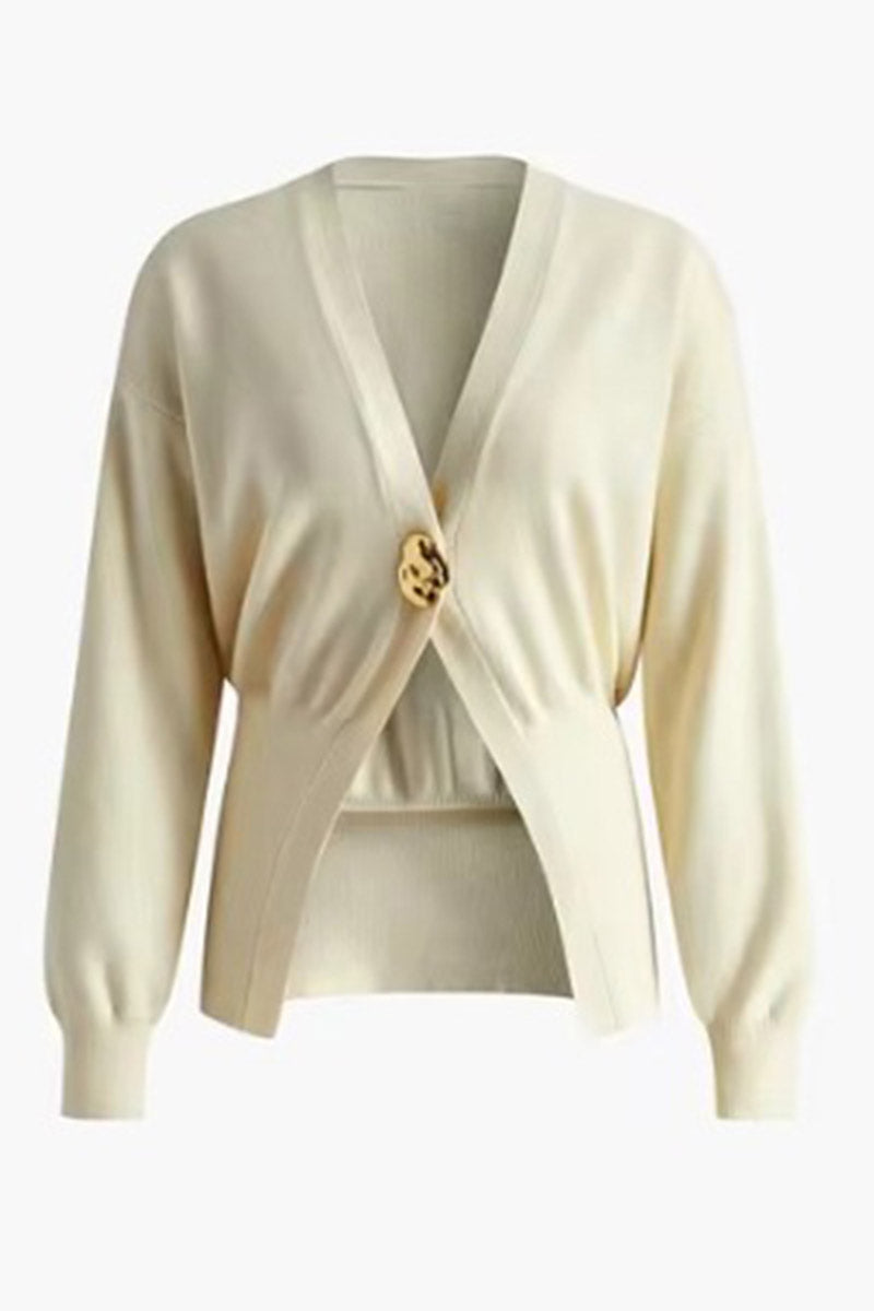 Single-Buckle Deep V-Neck Cardigan