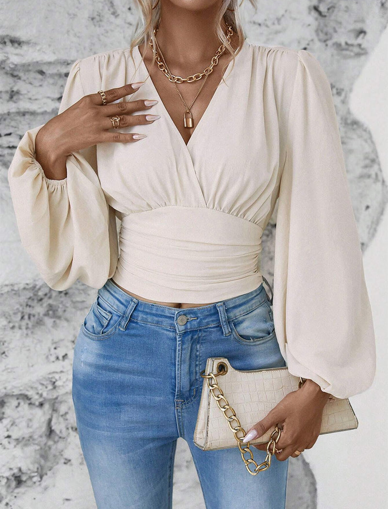 Ruched V-Neck Puff Sleeve Blouse