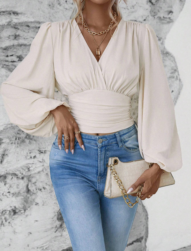 Ruched V-Neck Puff Sleeve Blouse