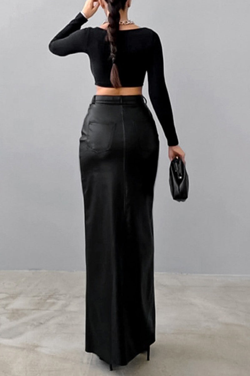 High-Slit Faux Leather Pencil Skirt