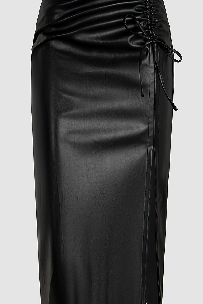 Faux Leather Midi Skirt with Side Slit