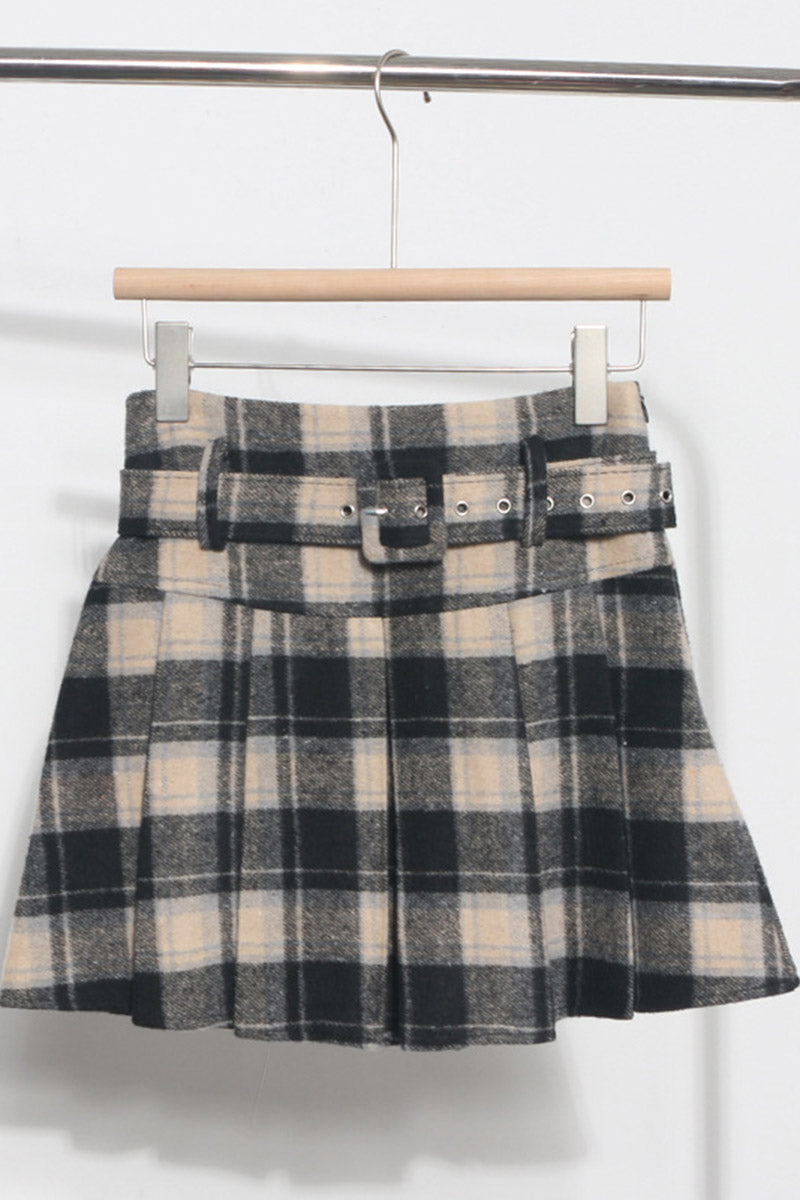 Belted Plaid Pleated Mini Skirt