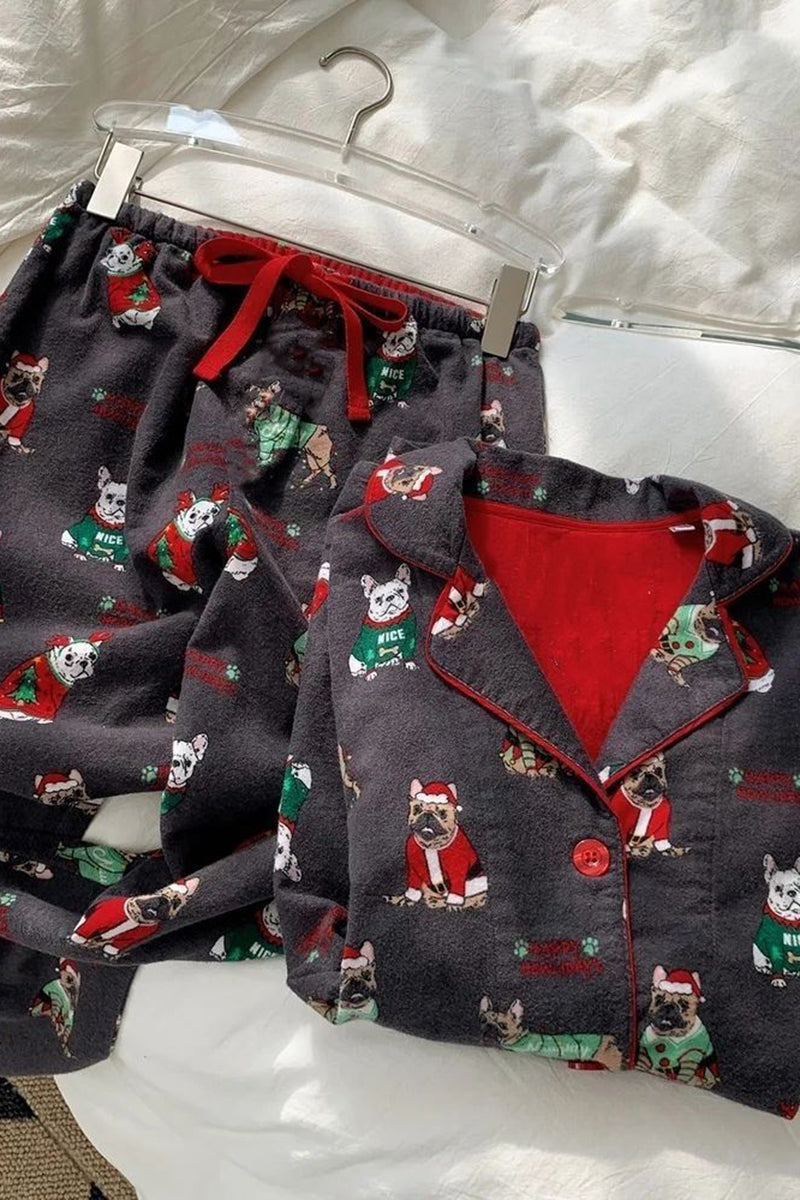 Festive Print Pajama Set with Button-Up Top