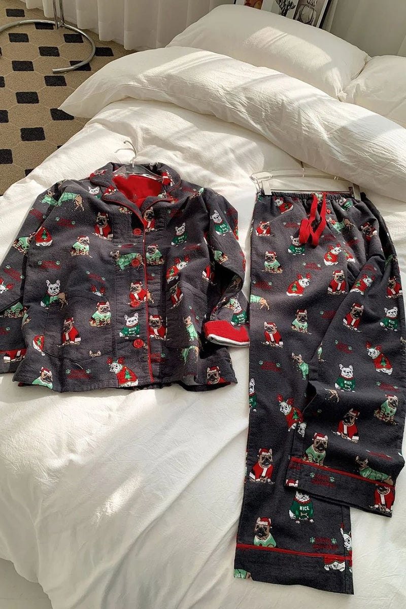 Festive Print Pajama Set with Button-Up Top