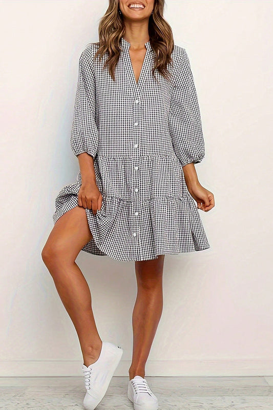 Tiered Button-Up Gingham Dress