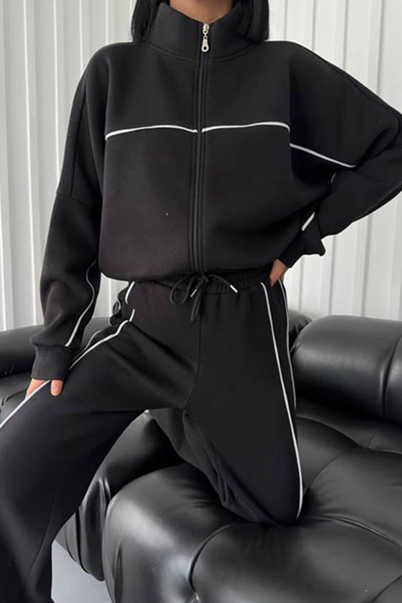 Contrast Piped Zip-Up Top and Wide-Leg Pants Set