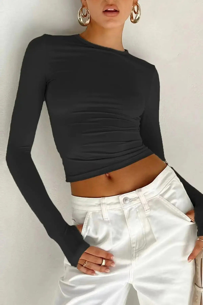 Long Sleeve Ruched Fitted Crop Top