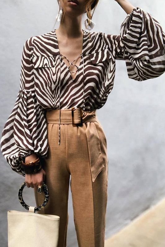 Zebra Print V-Neck Blouse