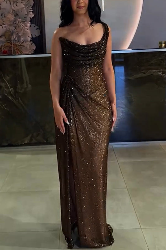 Draped Metallic Evening Dress