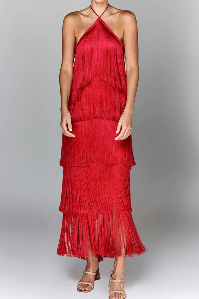 Tiered Fringe Halter Dress