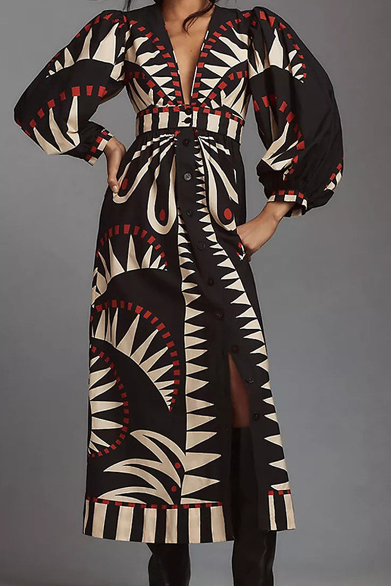 Geometric Pattern Dress with Balloon Sleeves