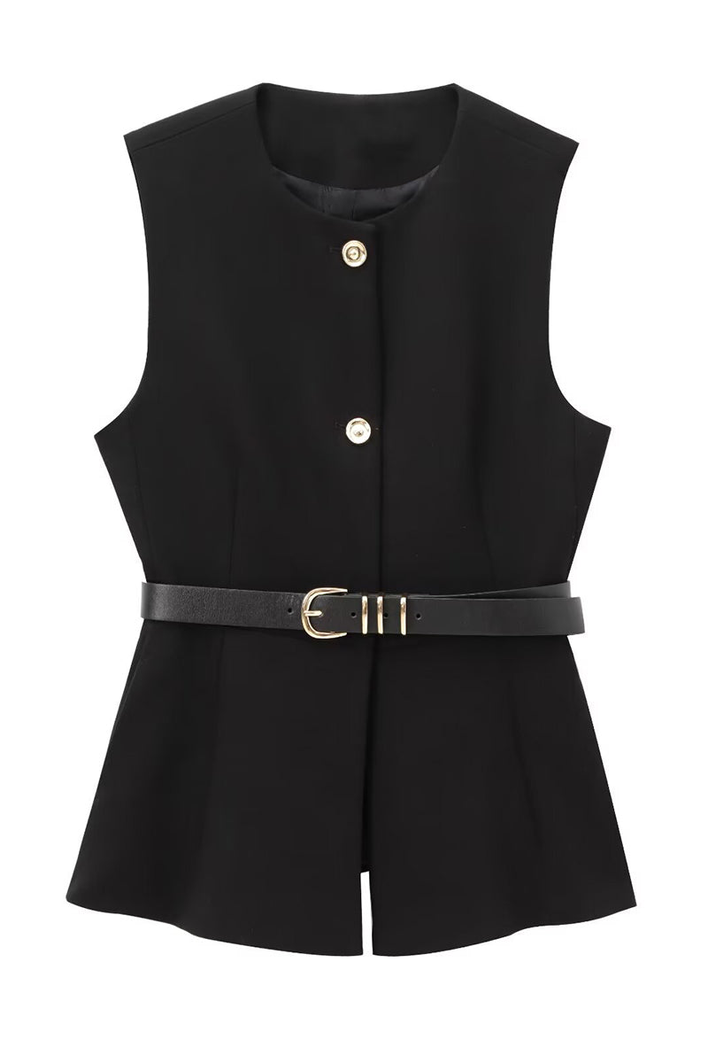 Belted Button-Down Tailored Vest